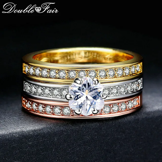 Double Fair 3 Rounds Women's Ring Set Rose Gold / Silver Color Flower Cut Crysta Double Fair 3 Rounds Women's Ring Set Rose Gold / Silver Color Flower Cut Crysta
