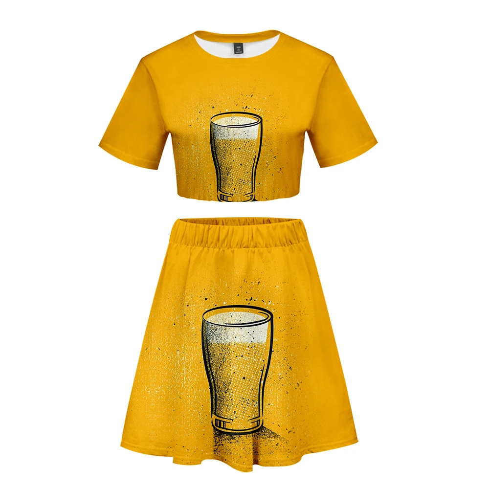 Пиво 3D печатных женский костюм из двух предметов Модный летний короткий рукав укороченный топ + юбка 2019 горячая распродажа Повседневная