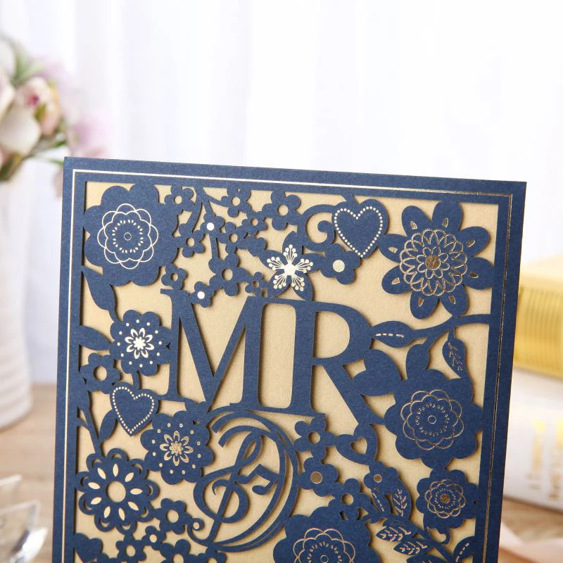 50 шт. синие лазерные свадебные пригласительные открытки MR & MRS элегантные