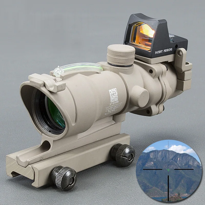 

Tan ACOG 4x32 Green Fiber Source Real Fiber Scope w/ RMR Micro Red Dot Sight Marked Version Black