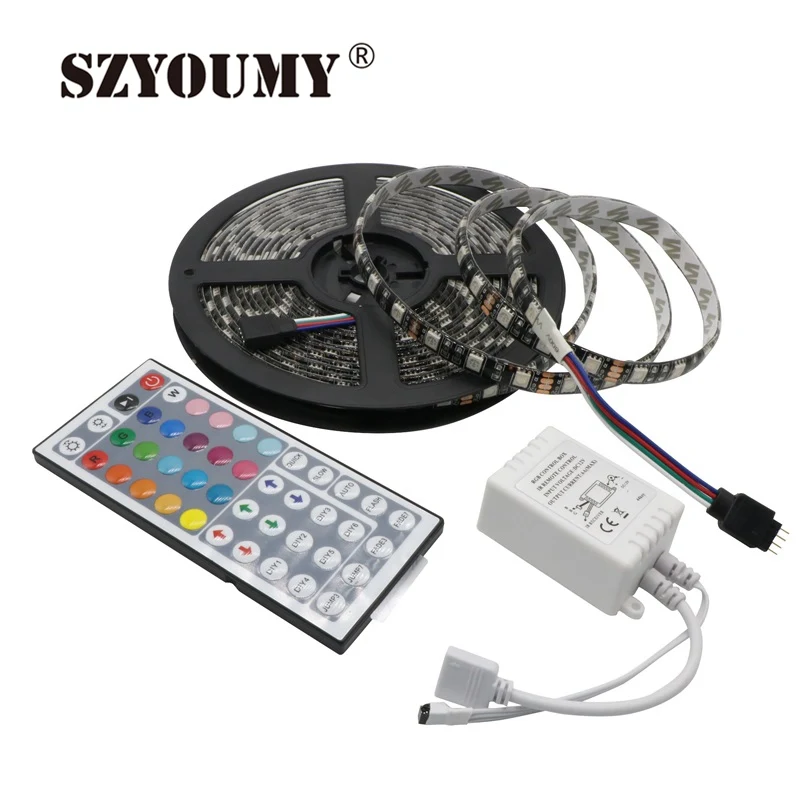 cheap SZYOUMY 5050 Black PCB RGB LED Strip DC12V IP65 Waterproof 60LED m 5m lot Flexible LED tape Light + 44 Key remote Controller