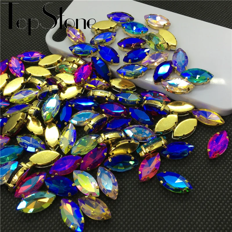 

All Sizes Colors AB Horse Eye Sew On Glass Crystal Navette Fancy Stone with Gold Claw Setting Sewing Rhinestones 5x10mm~17x32mm