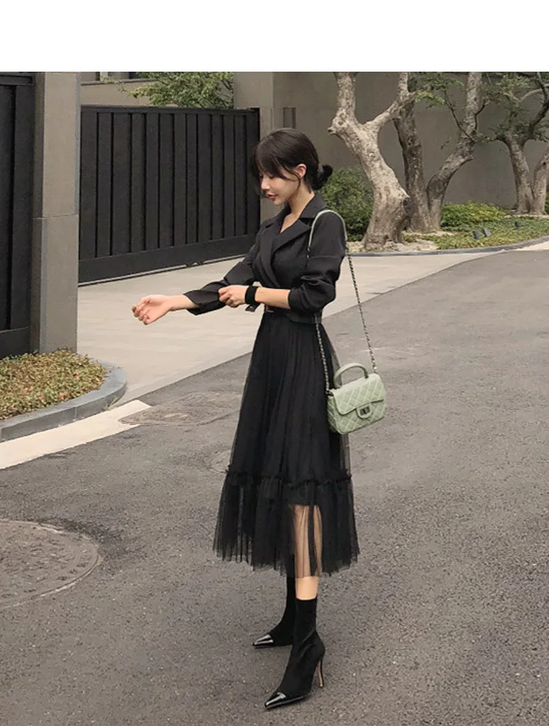 Корейская версия, офисное платье для девушек, темперамент, женский костюм, воротник экрана, пряжа, платье, весна, v-образный ворот, Черное длинное платье
