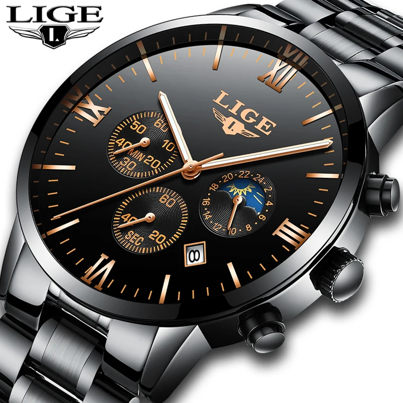 

2018 LIGE Watch Men Fashion Sports Quartz Clock Mens Watches Top Brand Luxury Full Steel Business Waterproof Black Wrist Watch