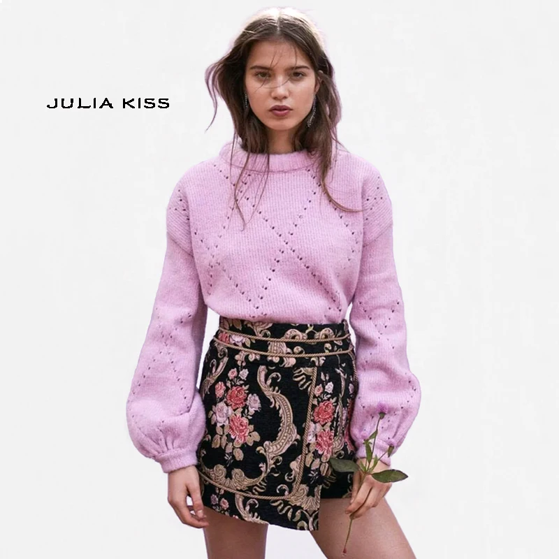 

Women Diamond Knit Pullover Fashion Cropped Knit Top with Lantern Sleeve Sweater