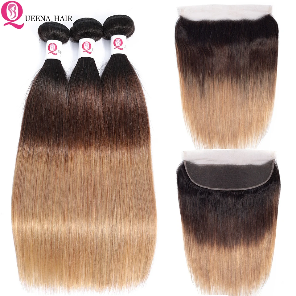 

Brazillian Straight Hair Bundles With Lace Frontal 1B/4/27 Three Tone Remy Human Hair Ombre Bundles With Frontal Closure Colored