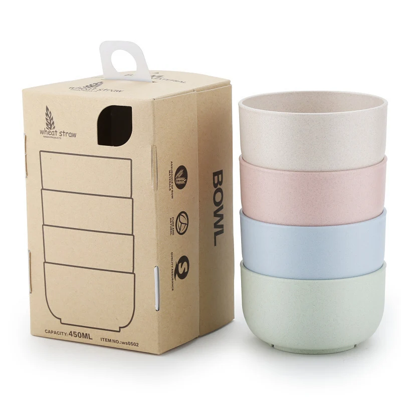 ALONG 4Pcs Eco Wheat Straw Bowl  Sets Solid Natural Healthy Biodegradable Tableware Dinnerware Round Bowls Kits