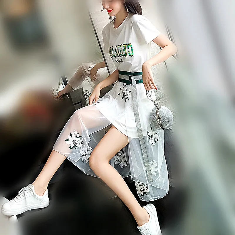 

2 Pieces Woman Clothing Set Summer Letters Print Long Tees+ Mesh Floral Embroidery Cute Mesh Dresses Party Dresses Ladies NS672