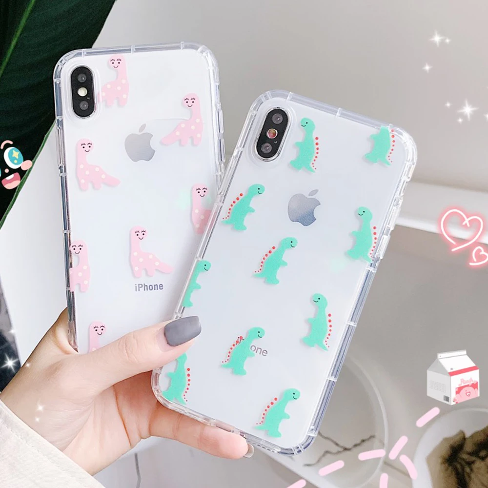 Розовый зеленый милый чехол для телефона с маленьким динозавром Iphone 11 Pro Max 6 7 8 Plus x