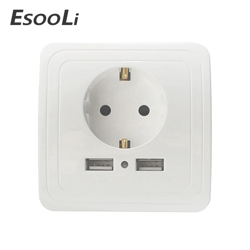 Esooli, двойной USB порт, настенное зарядное устройство, адаптер для зарядки, 2А, настенное зарядное устройство, адаптер, штепсельная вилка европейского стандарта, розетка, электрическая панель с заземлением