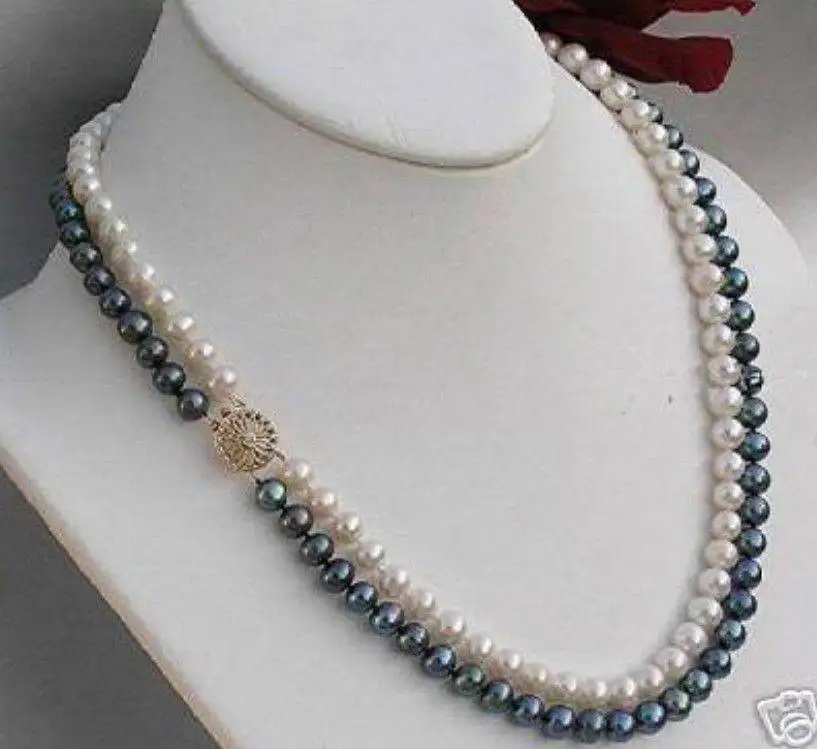 

Free shipping@@@@@ 2 rows 7-8mm black Akoya white pearl necklace FR275 5.27