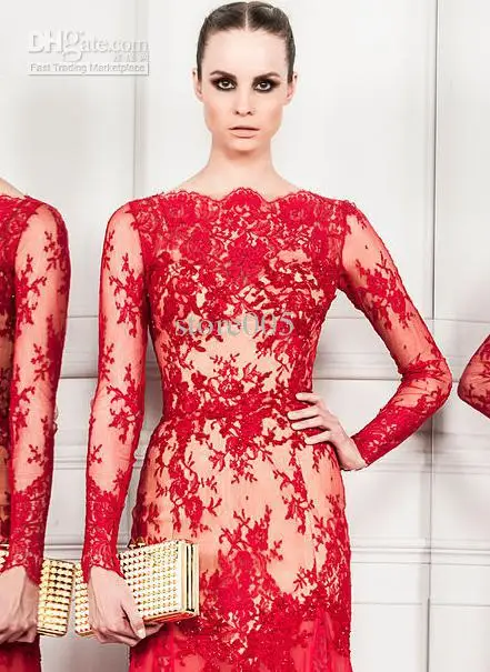 Whole 2017 Zuhair Murad Retro Red Long Sleeved Lace 2017 Zuhair Murad Vintage Red Lace Long Sleeves Mermaid Evening Special Occasion Dresses E4615