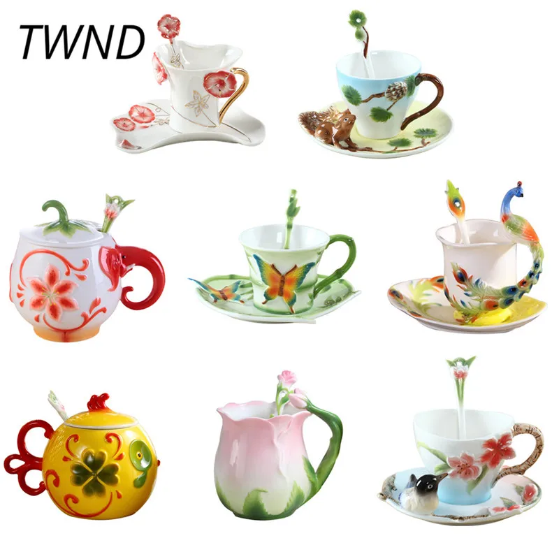 

Enamel Coffee Mugs Set Bone China Tea Cup Milk With Spoon Tray Creative Drinkware Friend Family Gifts
