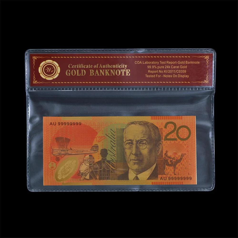 

Australia Souvenir Metal Gold Foil Plated Banknote With Colorful 3D Design 20 ADU Paper Currency Note With COA