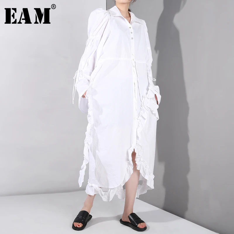 

[EAM] 2019 New Autumn Winter Lapel Long Sleeve White Drawstring Ruffles Irregular Big Size Shirt Dress Women Fashion Tide JO17