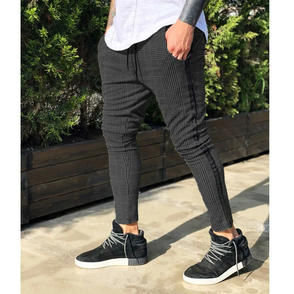 Newest arrival sexy plaid high waist solid Mens Gym Slim Fit Trousers Pants Tracksuit Casual Joggers Skinny Sports Bottoms M-3XL