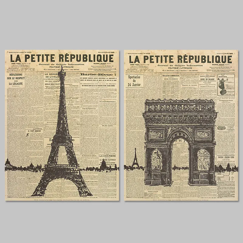 Old Newspaper Paris Eiffel Tower decoration wall art pictures poster