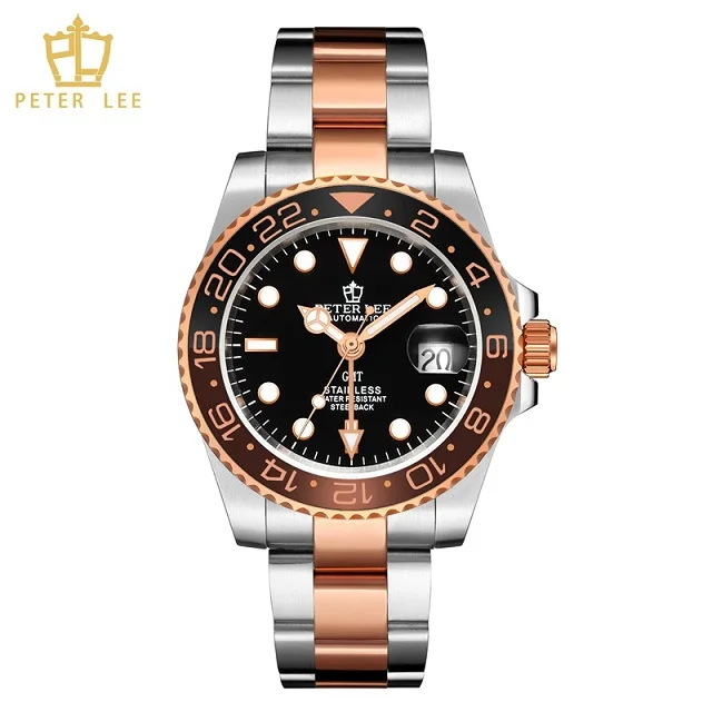 PETER LEE GMT часы классические мужские Rotatig часы с рамкой водонепроницаемые полностью стальные автоматические механические мужские часы лучший бренд роскошный подарок - Цвет: Черный