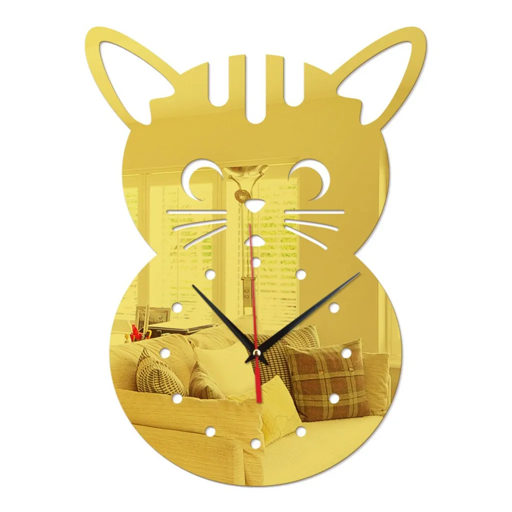 Divided design 3D Cartoon Cat Modeling Acrylic Mirror Wall Clock Home Decoration Wall Clock Home decoration accessories small - Цвет: Gold