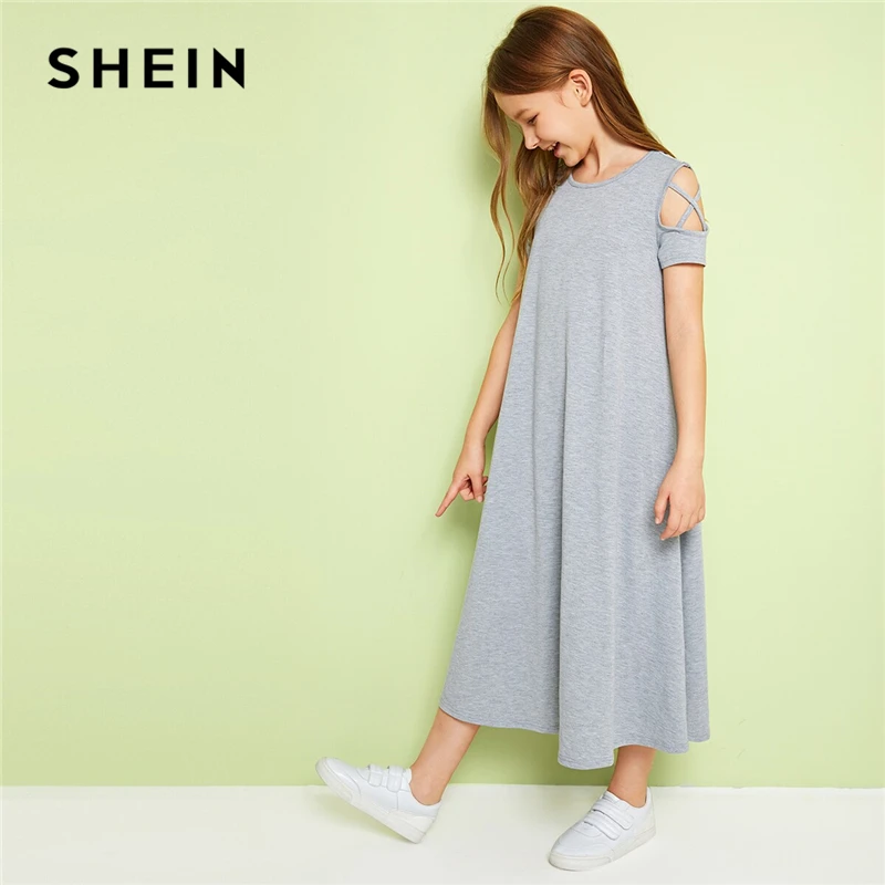 SHEIN/однотонное Повседневное платье с открытыми плечами и перекрещивающимися крест-накрест для детей; коллекция года; летние эластичные детские футболки с короткими рукавами