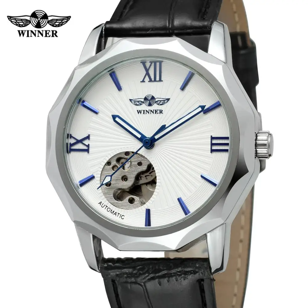 

WINNER WATCH simple blue Roman Numerals white surface black leather strap creative men's automatic watch