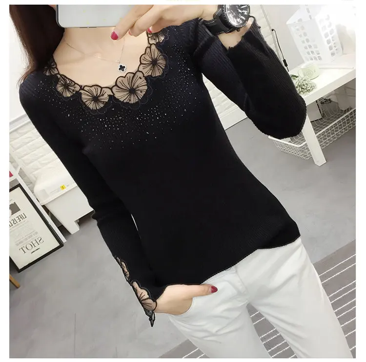 Women Pullovers 2019 Flower Lace Pullover Sweaters Fashion Round Collar Knitted Tricot Pull Fall High Elastic Sweater Women (9)