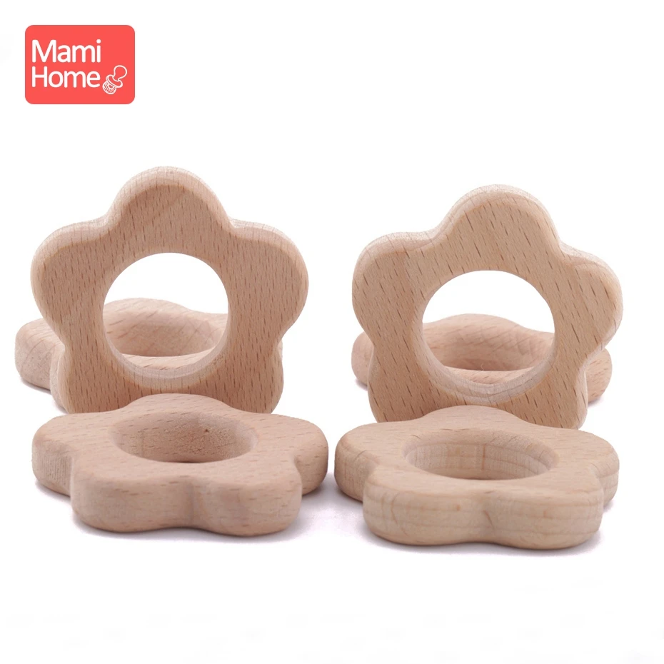 

mamihome 5pc Handcrafted Flower Shape Natural Wooden Lovely DIY Accessories Organic Beech Wood Teething Ring Infant Toy Teethers