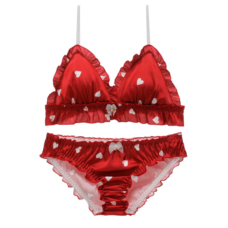  Ultra-thin Women Underwear Set Sexy Chiffon Lace Bra Set Strawberry Printing Heart Star Noble Girl 