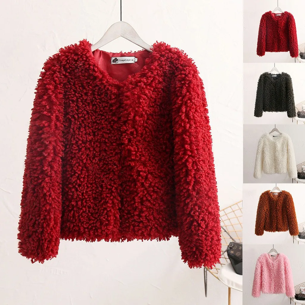 

Fashion Women Autumn winter lamb collar coat short Velvet Solid Color O- Neck Thickening Outwear Cardigan Faux Fur