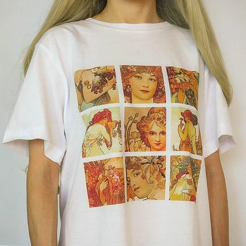 Billig Fashionshow JF 1 stücke Van Gogh Monet Alphonse Mucha Hokusai Kunst Druck T shirt Sommer Mode Top Kurzarm Baumwolle frauen T shirt