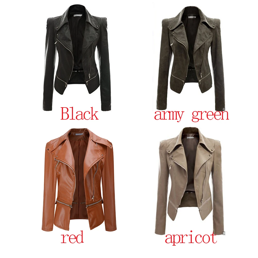Women Autumn And Winter PU Locomotive Leather Jacket Coat Long Sleeve Lapel Collar Slim Zipper Two Wear Jacket Black Army Green