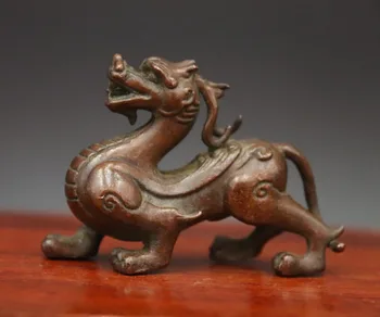 

6 CM Chinese red copper Brown Fengshui Animal Foo Dog lion Kylin Dragon Statue