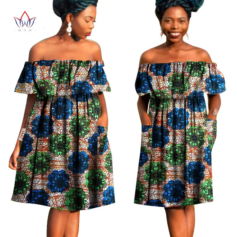 Африканская стильная одежда размера плюс женское сексуальное платье с вырезом лодочкой африканская Базен Riche ткань восковой печати милые платья миди WY790
