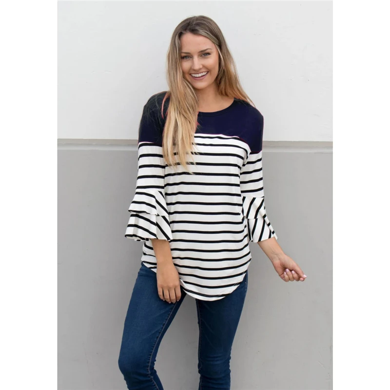 

New Fashion Pregnant Woman's O Neck Long Sleeve Tee Shirt Striped Ruffles Slim Nursing Tops Ladies Casual Breastfeeding T-Shirt