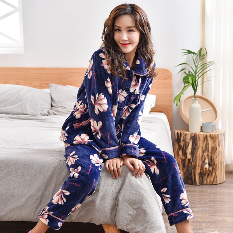 Women Pajamas Set Pajama Female Winter Thick Flannel Flower Print Warm