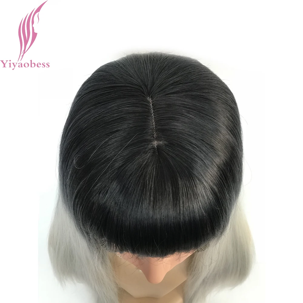 Yiyaobess 24 дюйма длинные прямые черные Серебристые серые Ombre парик челка для белых