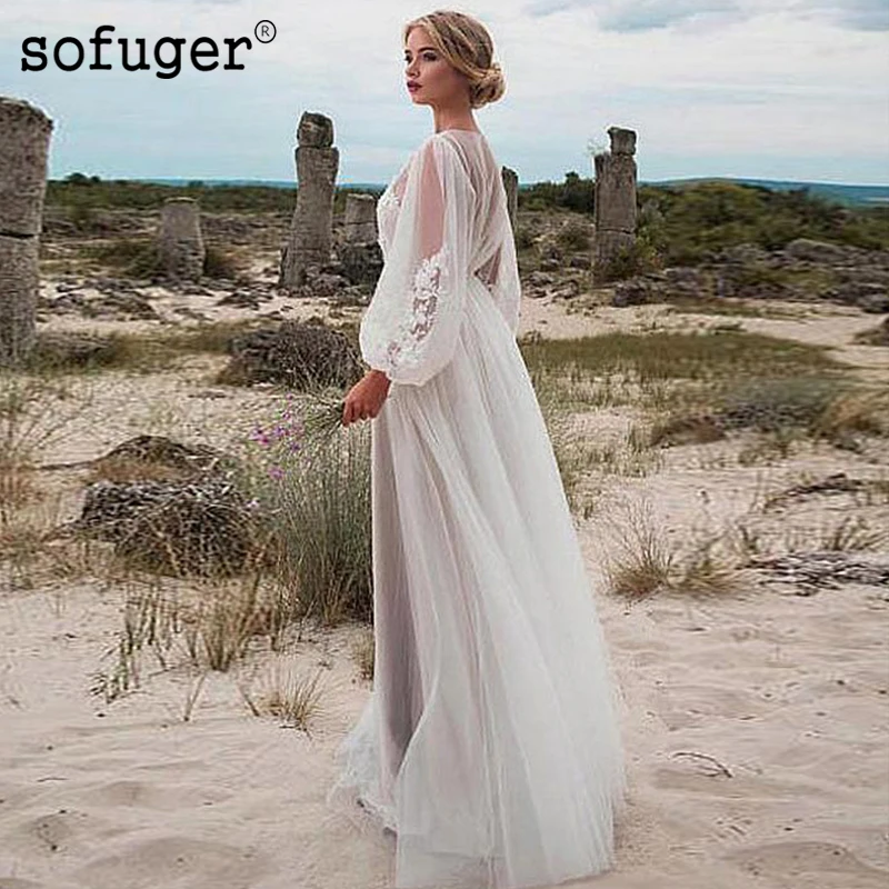

Sexy Long Puff Sleeves Scoop Appliques Beach Illusion Back Bridal Wedding Dresses Vestidos de Noivas