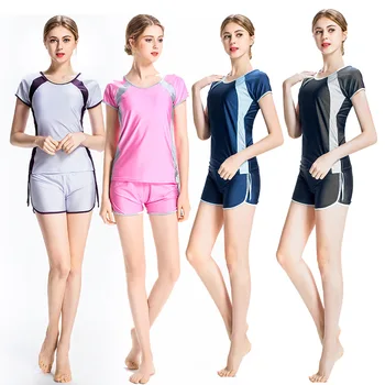 

Hot Modest Islamic Swimwear Islamic Swimsuit Women hijab Lace-up Short Sleeve Flat Shorts Round Neck Muslim Swimming Beachwear