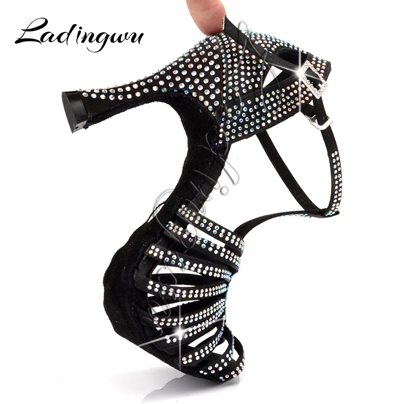Ladingwu NEW Ballroom Dance Shoes Glitter Small Austrian Drill Latin Dance Shoes for Women Black Satin Salsa Dancing Shoes