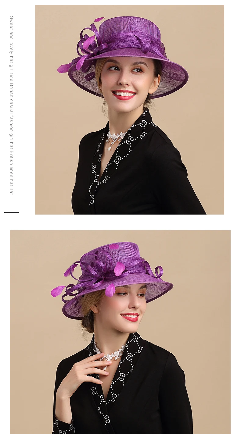 FS чародей дамы Sinamay фиолетовые кепки для церкви с широкими полями Кентукки Дерби для женщин шляпа свадебные чай вечерние шляпа перо фетровые шляпы