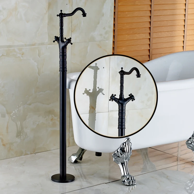 Oil Rubbed Bronze Dual Cross Handles Floor Mount Bathroom Bathtub Faucet Freestanding Clawfoot Tub Filler Mixer Taps