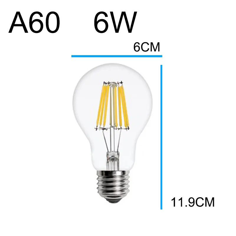 Ретро антикварная Светодиодная лампа E14 E27 ампула винтажный светодиодный светильник Эдисона с нитью накаливания лампада 220 В светодиодная Энергосберегающая лампа светильник в форме свечи s лампа - Испускаемый цвет: A60 E27 6W