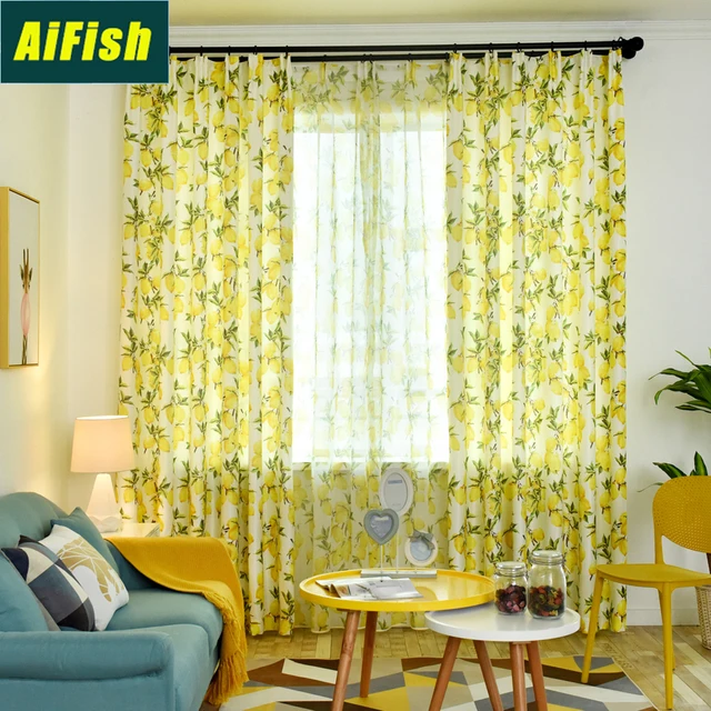 Yellow Lemon Printed Sheer Curtains for Bedroom Thermal Insulated Half Blackout Window Treatment