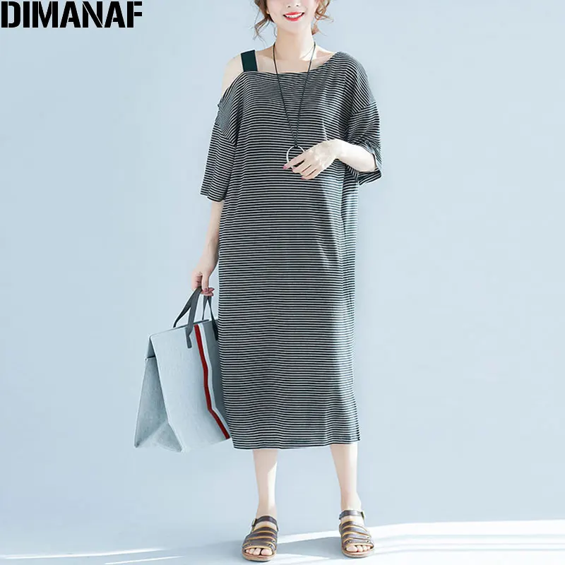 

DIMANAF Women Plus Size Cotton Long Dress Black Striped 2018 Summer Female Vestidos Oversized Casual O-Neck Dresses Off Shoulder