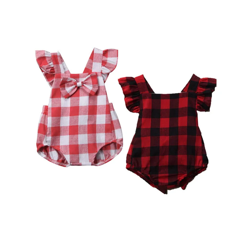 

2017 Fashion Cute Newborn Infant Baby Girls 2 Style Short Sleeve Cotton Plaid Bow Bodysuit Playsuit Outfit Summer Party 0-18M