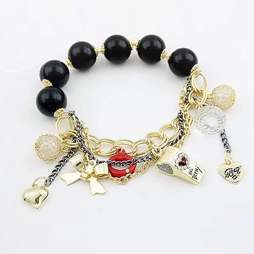 

Free Shipping Trendy Acrylic Black Beads Red lip whistles bowknot hearts Many elements Bracelet for Men And Women Wholesale
