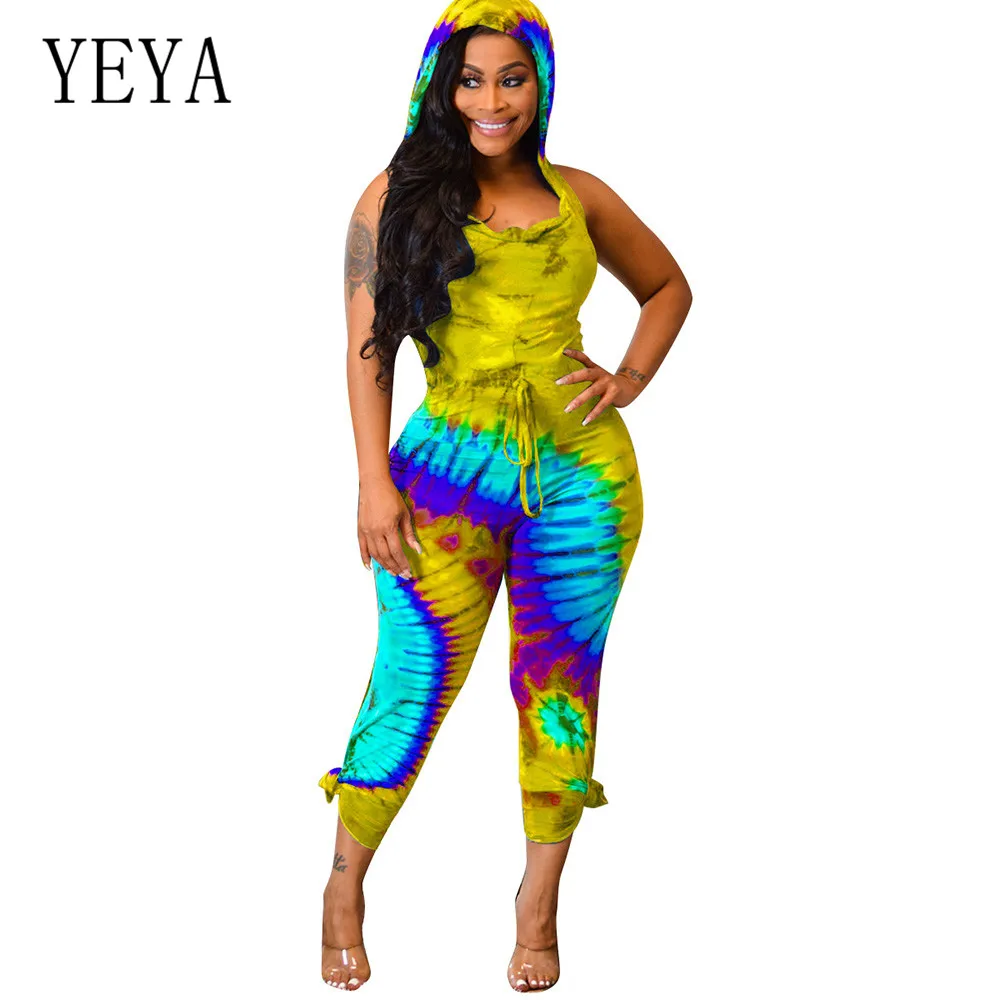 YEYA Rompers Casual Women's Hooded Sleeveless Tie-up Jumpsuits Fashion Tie Dyeing Bodycon Bandage Playsuits Women Combishort YEYA Rompers Casual Women's Hooded Sleeveless Tie-up Jumpsuits Fashion Tie Dyeing Bodycon Bandage Playsuits Women Combishort