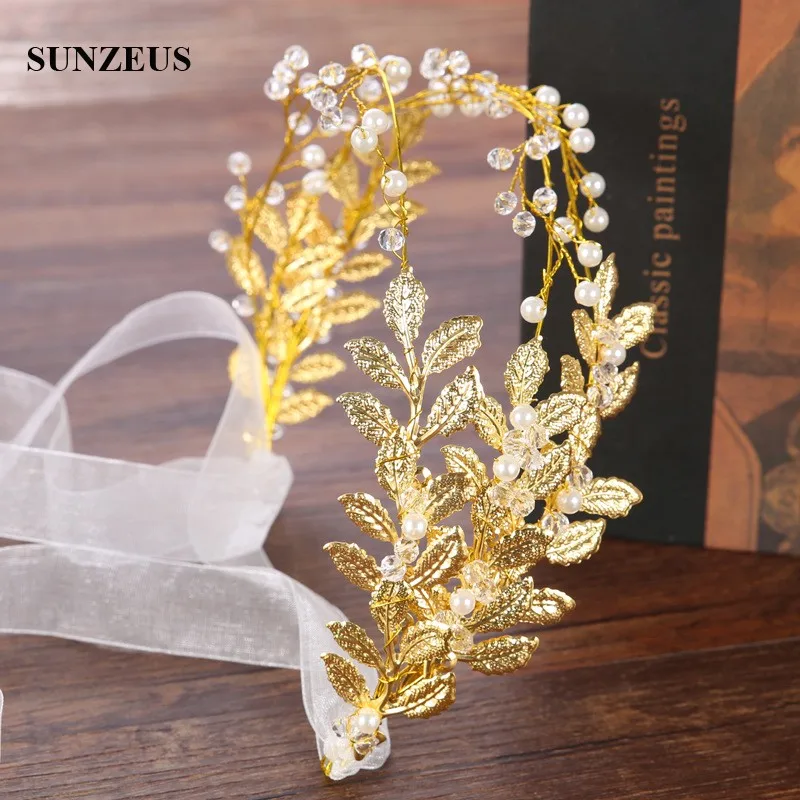 Винтажный Золотой ободок с листьями Свадебная цепочка на голову кушак Кристальный жемчуг аксессуары для волос для свадебной вечеринки запас SQ0157