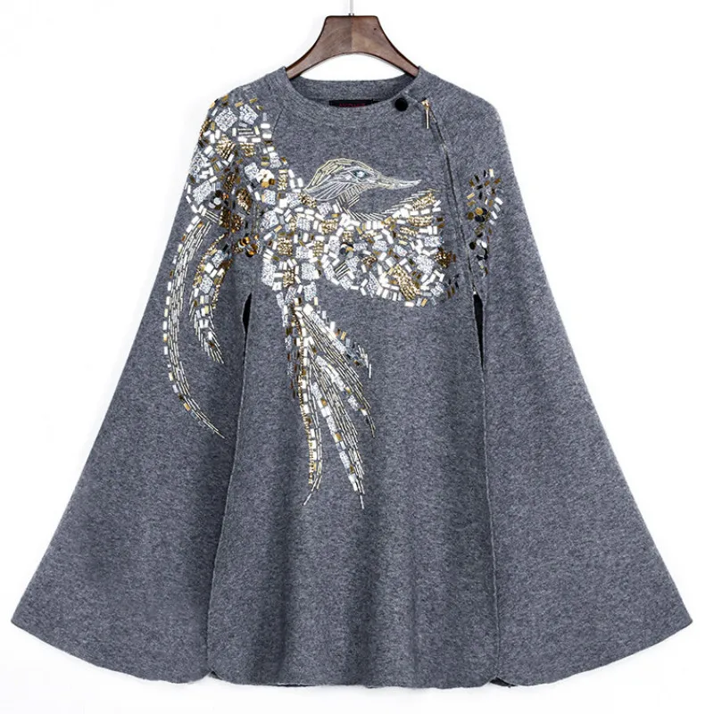 

Autumn Winter Women Coat Bird Beading and Sequins Pattern Cashmere Cloak Cape Loose Woolen Female Shawl Bat Sleeves Wrap Newest