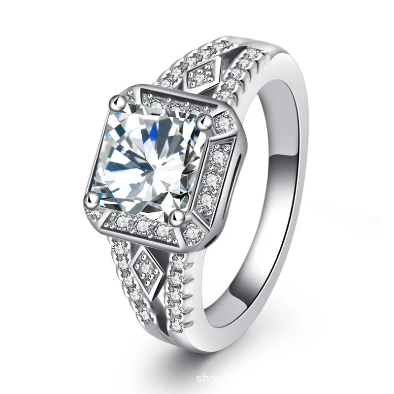 Female Ring925 Sterling Silver Statement Square Stone Finger Ring Women Wedding Engagement Party Jewelry Size 4-11